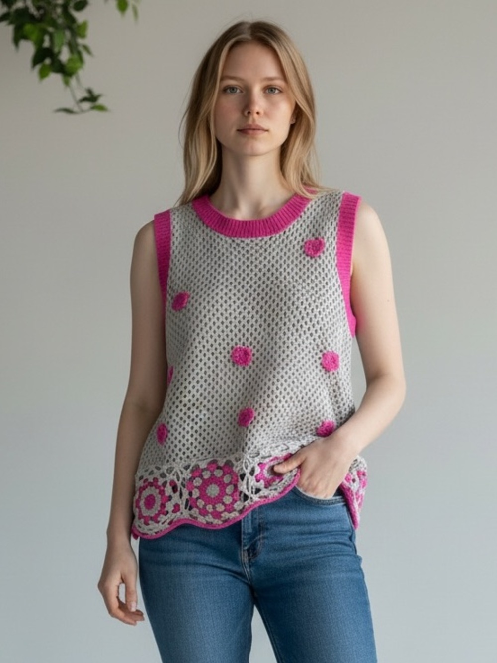 NWT So Me Crochet Tank with Hot Pink Floral Appliqués